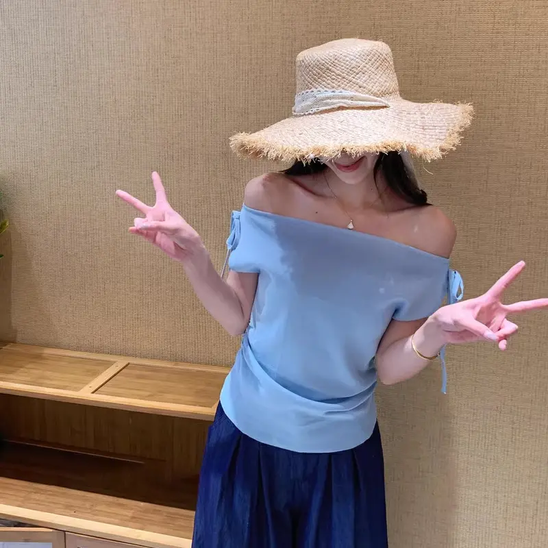 Fashion Casual Slim Fit Sweet One Shoulder Off Shoulder Knotted Knitted Short Sleeve T-Shirt For Women