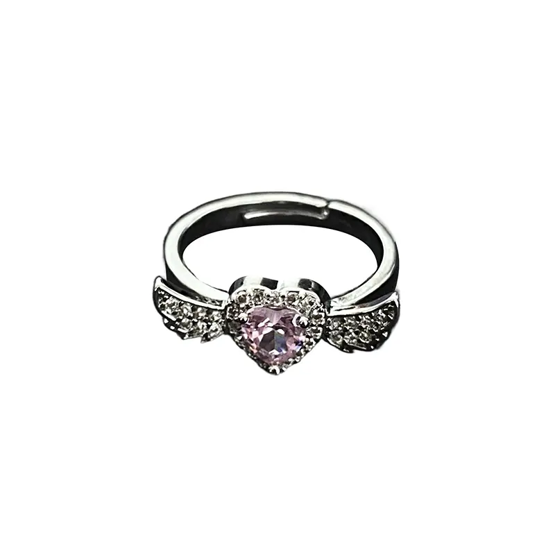 Pink Diamond Heart Angel Wing Ring For Women Adjustable Open Ring Jewelry Unisex Accessories Gift