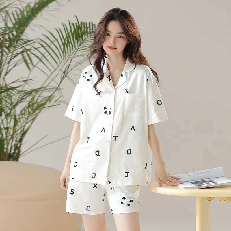 Cartoon Pajamas Women New Arrivals Cardigan Short Sleeves Ladies Casual Fashion Outerwear Home Clothes Two-piece Set
