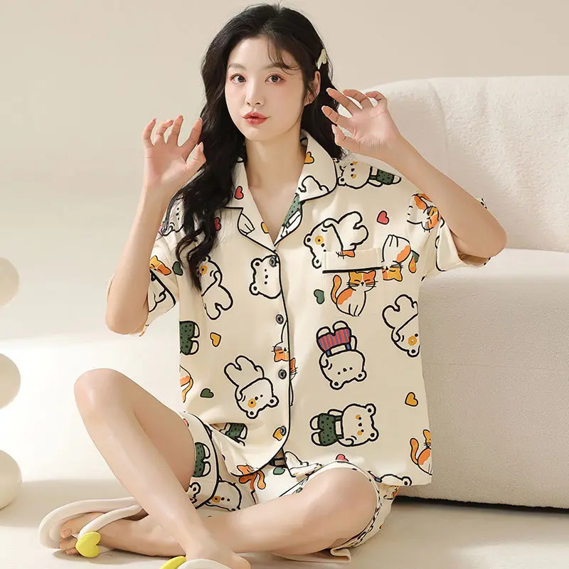 Cartoon Pajamas Women New Arrivals Cardigan Short Sleeves Ladies Casual Fashion Outerwear Home Clothes Two-piece Set