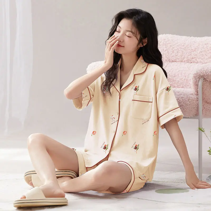 Cartoon Pajamas Women New Arrivals Cardigan Short Sleeves Ladies Casual Fashion Outerwear Home Clothes Two-piece Set