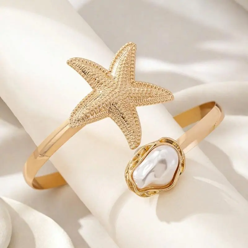 European And American Ocean Vacation Style Starfish Shaped Imitation Pearl Arm Ring Female Open Adjustable Upper Arm Bracelet