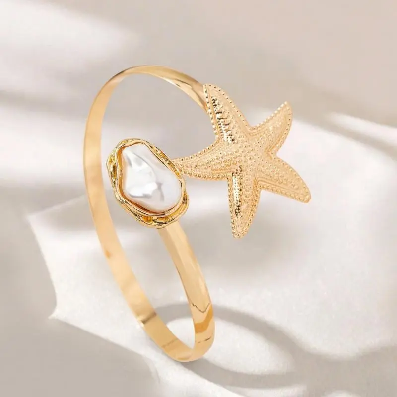 European And American Ocean Vacation Style Starfish Shaped Imitation Pearl Arm Ring Female Open Adjustable Upper Arm Bracelet