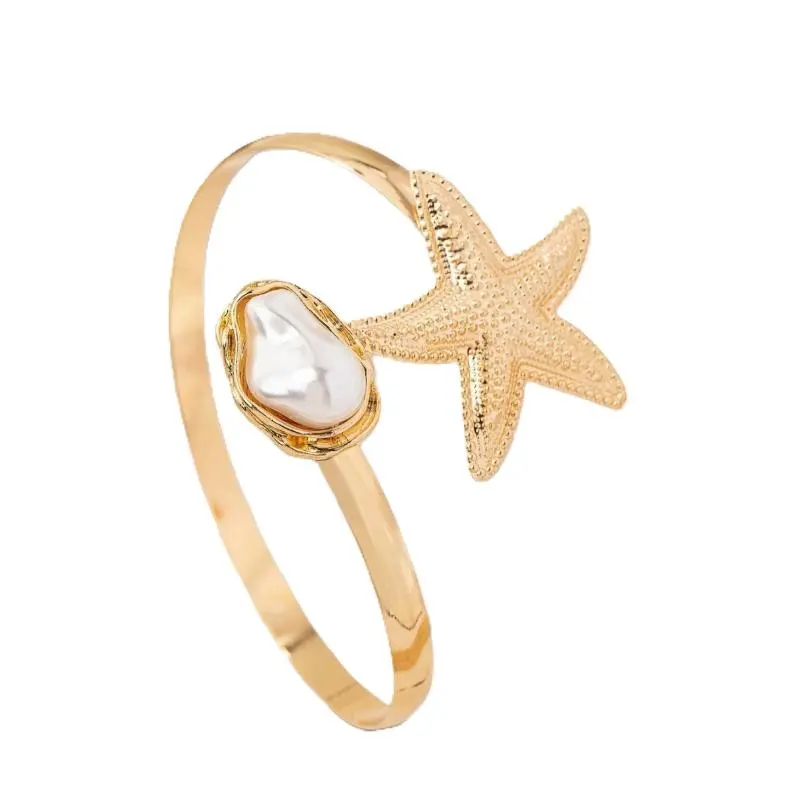 European And American Ocean Vacation Style Starfish Shaped Imitation Pearl Arm Ring Female Open Adjustable Upper Arm Bracelet