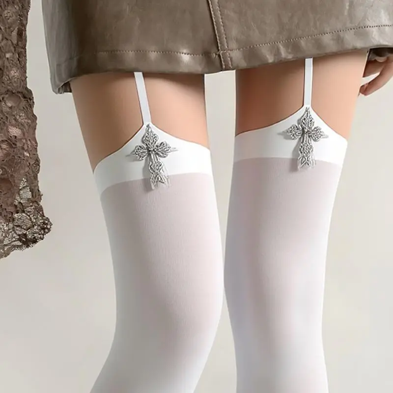 Personality Cross Decoration Women Suspender Socks Solid Color Thin Thigh High Lolita Anime Cosplay Gothic Over Knee Stockings
