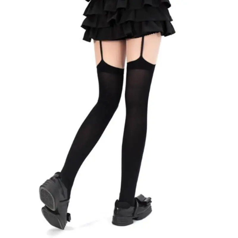 Personality Cross Decoration Women Suspender Socks Solid Color Thin Thigh High Lolita Anime Cosplay Gothic Over Knee Stockings