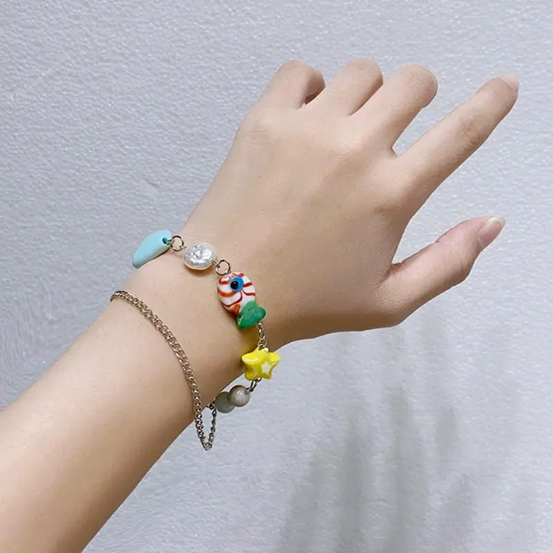 Cartoon Cute Yellow Fish Pendant Bracelet For Women Girls Bilayer Candy Colored Color Beads Chian Simple Sweet Fashion Jewelry