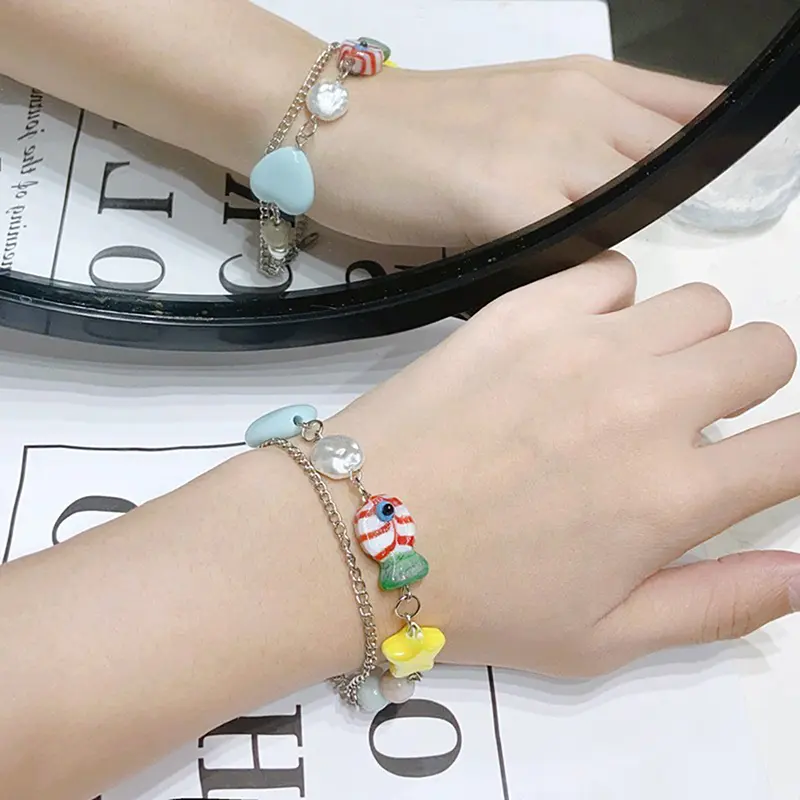 Cartoon Cute Yellow Fish Pendant Bracelet For Women Girls Bilayer Candy Colored Color Beads Chian Simple Sweet Fashion Jewelry