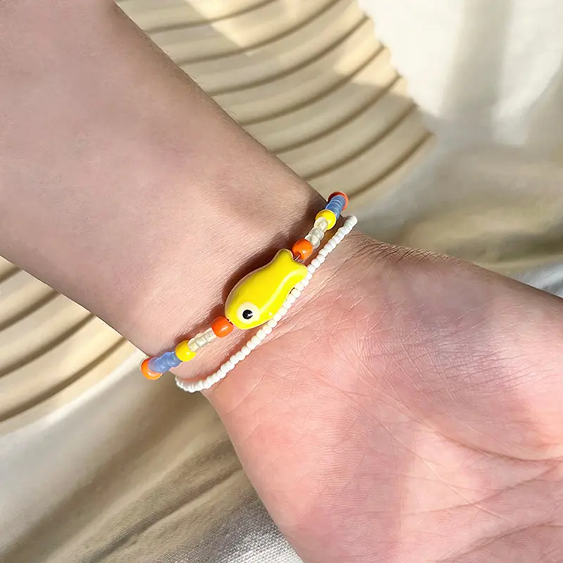 Cartoon Cute Yellow Fish Pendant Bracelet For Women Girls Bilayer Candy Colored Color Beads Chian Simple Sweet Fashion Jewelry