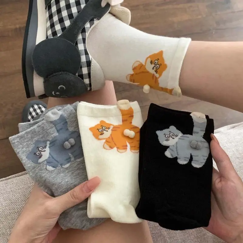 1pair Ins Cat Egg Cotton Socks Couple Socks Cat Balls Kawaii Hand Knitting Socks Cartoon Ginger Cat Tabby Creative Kid Gift