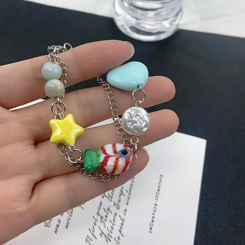 Cartoon Cute Yellow Fish Pendant Bracelet For Women Girls Bilayer Candy Colored Color Beads Chian Simple Sweet Fashion Jewelry