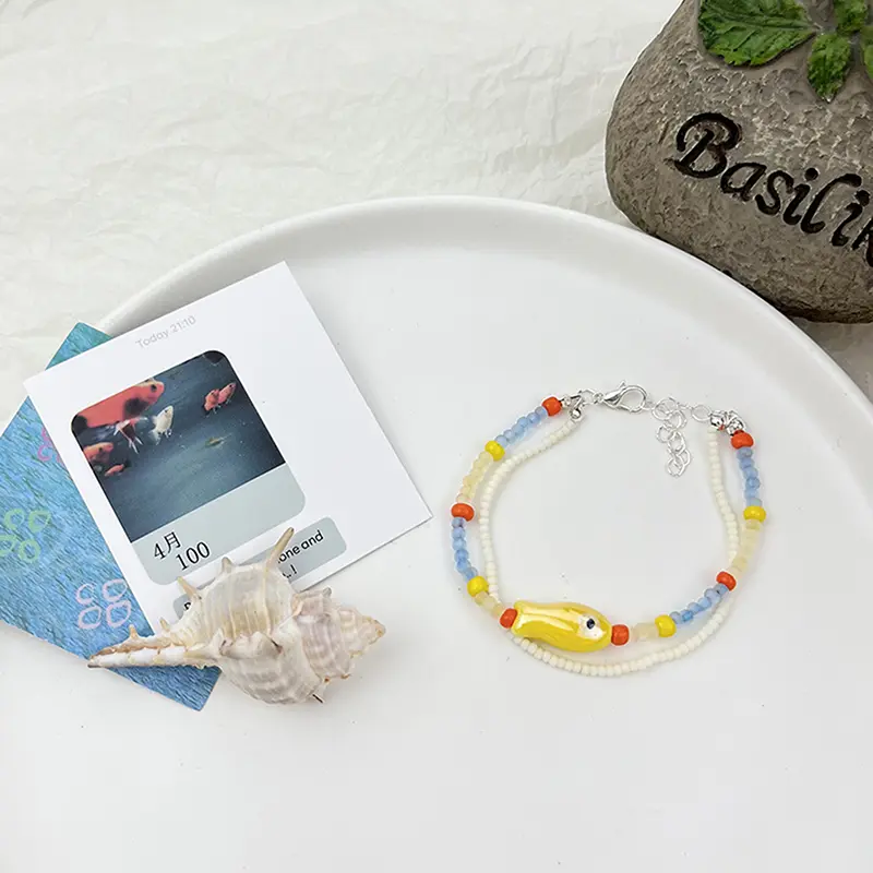 Cartoon Cute Yellow Fish Pendant Bracelet For Women Girls Bilayer Candy Colored Color Beads Chian Simple Sweet Fashion Jewelry