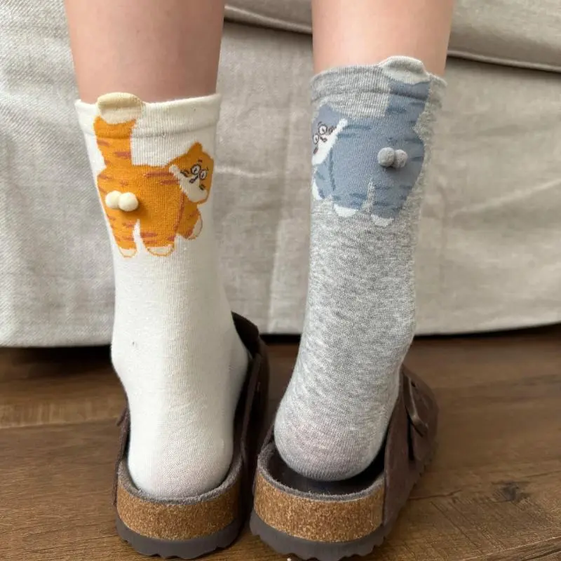 1pair Ins Cat Egg Cotton Socks Couple Socks Cat Balls Kawaii Hand Knitting Socks Cartoon Ginger Cat Tabby Creative Kid Gift