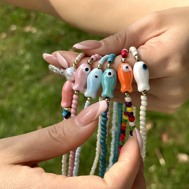 Simple Ceramic Painted Fish Rice Bead Chains Beaded Necklace For Women Bohemian Seaside Vacation Party Jewelry Accessories