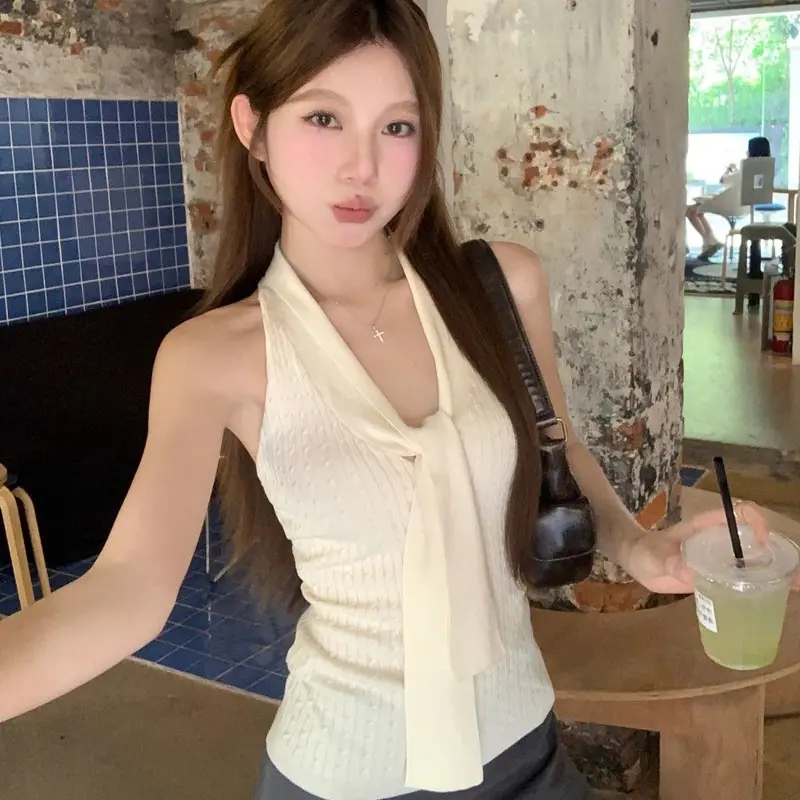 Fashion Casual Elastic Slim Fit Sexy Ribbon Shawl Knitted Vest Top For Women