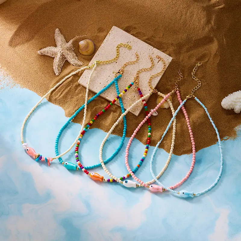 Simple Ceramic Painted Fish Rice Bead Chains Beaded Necklace For Women Bohemian Seaside Vacation Party Jewelry Accessories