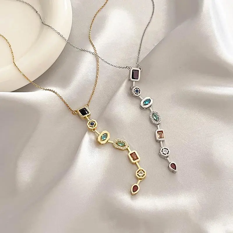 Tassel Necklace with Colorful Zircon, Retro Styled Long Pendant Chain, Luxury Light Collarbone Jewelry for Women