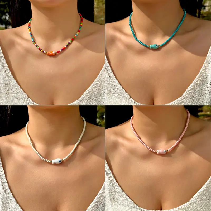 Simple Ceramic Painted Fish Rice Bead Chains Beaded Necklace For Women Bohemian Seaside Vacation Party Jewelry Accessories