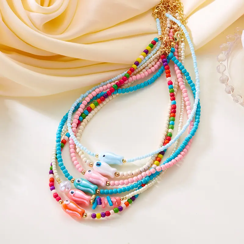 Simple Ceramic Painted Fish Rice Bead Chains Beaded Necklace For Women Bohemian Seaside Vacation Party Jewelry Accessories