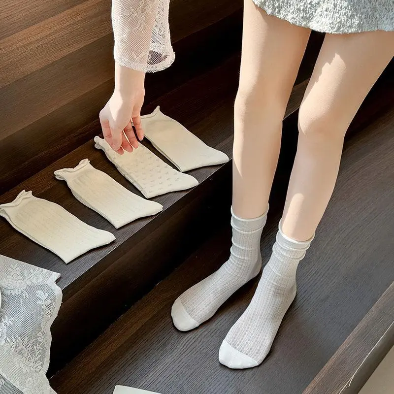 Socks For Women Thin Summer Sweet White Hollow Out Middle Tube Socks Casual Simple Girls Fashion Comfortble Socks