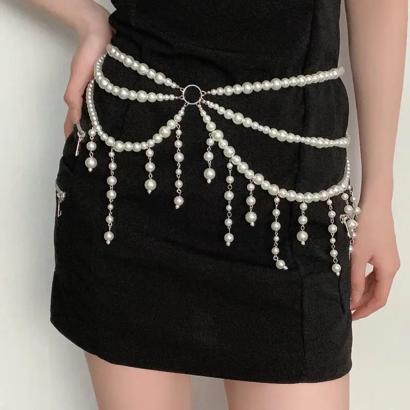 Fashionable Women's Belly Chain Belt; Imitation Pearl Tassel Summer Beach Body Jewelry.