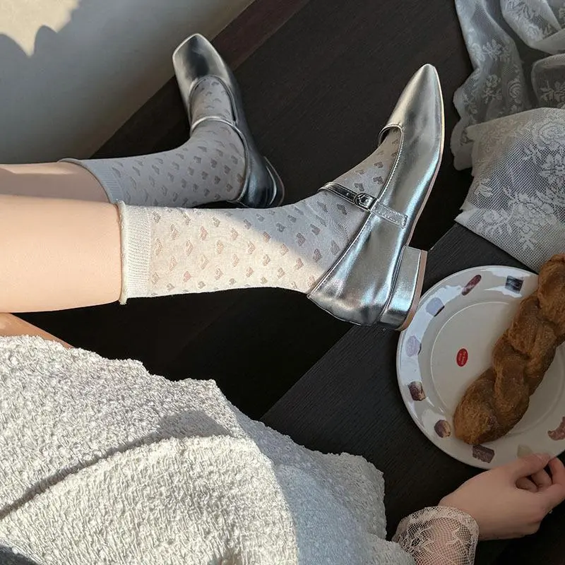 Socks For Women Thin Summer Sweet White Hollow Out Middle Tube Socks Casual Simple Girls Fashion Comfortble Socks
