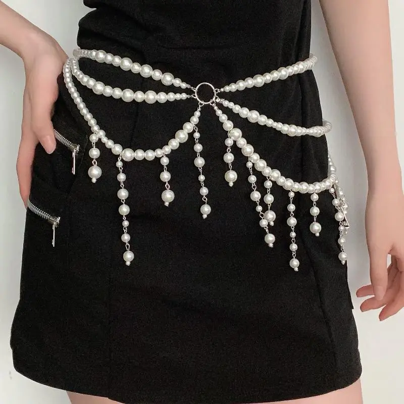 Fashionable Women's Belly Chain Belt; Imitation Pearl Tassel Summer Beach Body Jewelry.