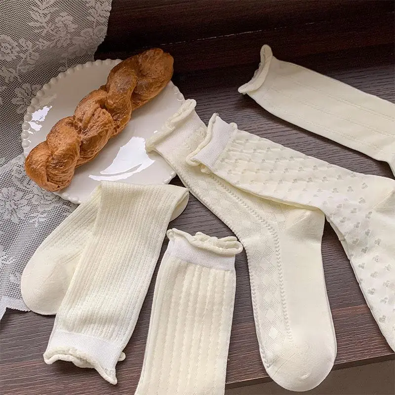 Socks For Women Thin Summer Sweet White Hollow Out Middle Tube Socks Casual Simple Girls Fashion Comfortble Socks