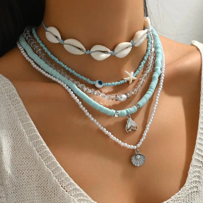 Mulitlayer Ocean Starfish Shells Pendant Necklace For Women Elegant Imitation Pearl Beads Choker Necklace Beach Party Jewelry