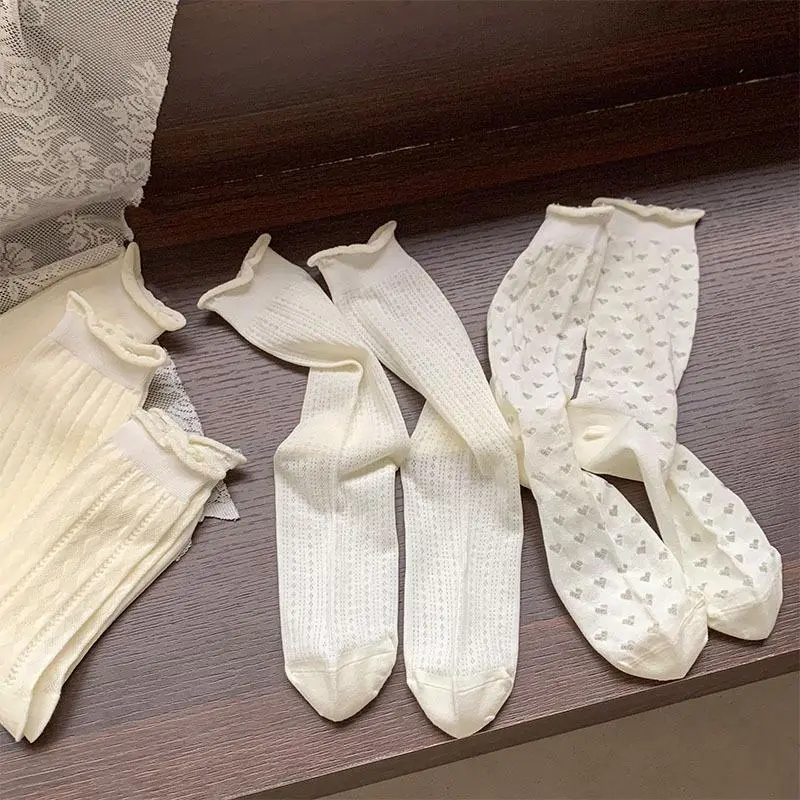 Socks For Women Thin Summer Sweet White Hollow Out Middle Tube Socks Casual Simple Girls Fashion Comfortble Socks