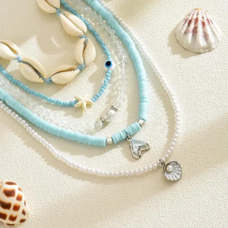 Mulitlayer Ocean Starfish Shells Pendant Necklace For Women Elegant Imitation Pearl Beads Choker Necklace Beach Party Jewelry