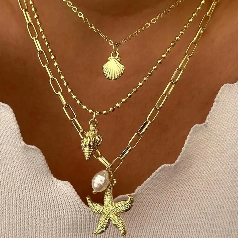 Mulitlayer Ocean Starfish Shells Pendant Necklace For Women Elegant Imitation Pearl Beads Choker Necklace Beach Party Jewelry