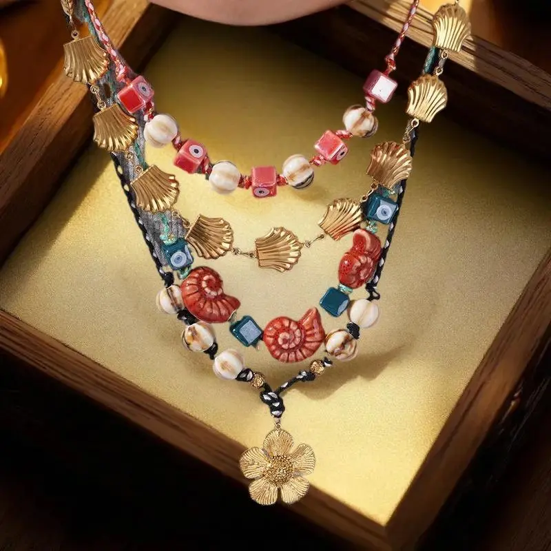 Vintage Sea Beach Conch Shell Necklace Jewelry Colorfu Shell Beaded Necklace Glass Handmade Ocean Style Choker Woman