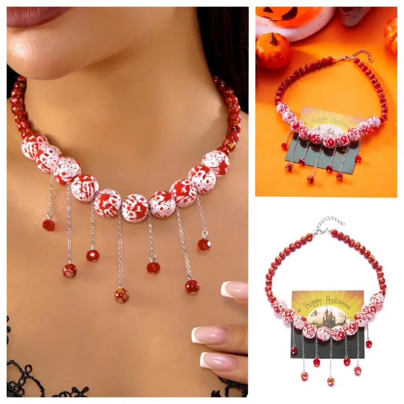 Creative Halloween Blood Red Print Bead Crystal Tassel Necklace For Women Dark Spider Pumpkin Ghost Party Cosplay Jewelry Gift