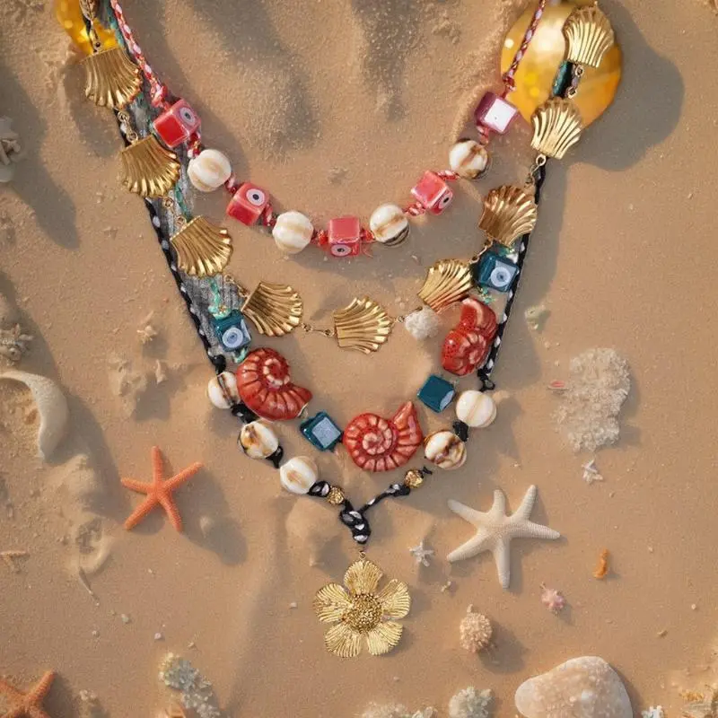 Vintage Sea Beach Conch Shell Necklace Jewelry Colorfu Shell Beaded Necklace Glass Handmade Ocean Style Choker Woman