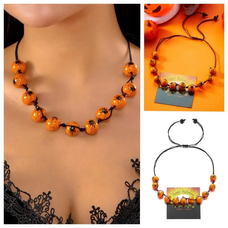 Creative Halloween Blood Red Print Bead Crystal Tassel Necklace For Women Dark Spider Pumpkin Ghost Party Cosplay Jewelry Gift