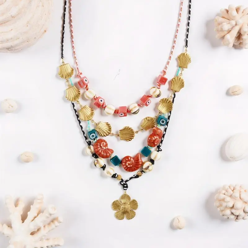 Vintage Sea Beach Conch Shell Necklace Jewelry Colorfu Shell Beaded Necklace Glass Handmade Ocean Style Choker Woman