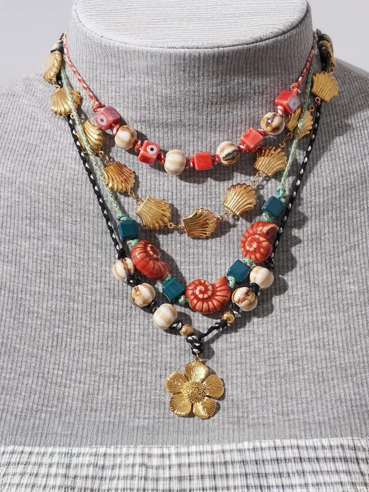 Vintage Sea Beach Conch Shell Necklace Jewelry Colorfu Shell Beaded Necklace Glass Handmade Ocean Style Choker Woman
