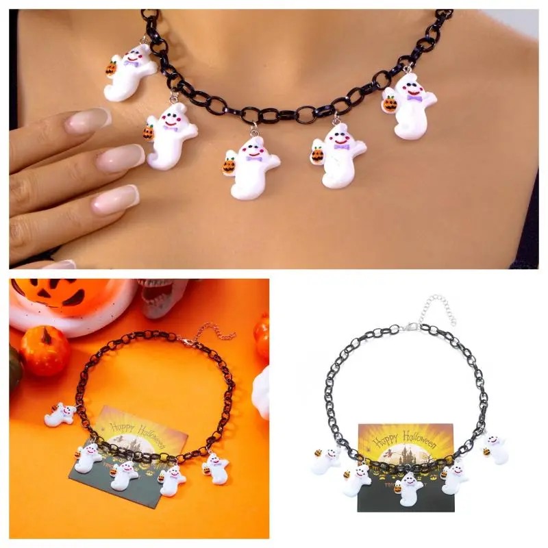 Creative Halloween Blood Red Print Bead Crystal Tassel Necklace For Women Dark Spider Pumpkin Ghost Party Cosplay Jewelry Gift