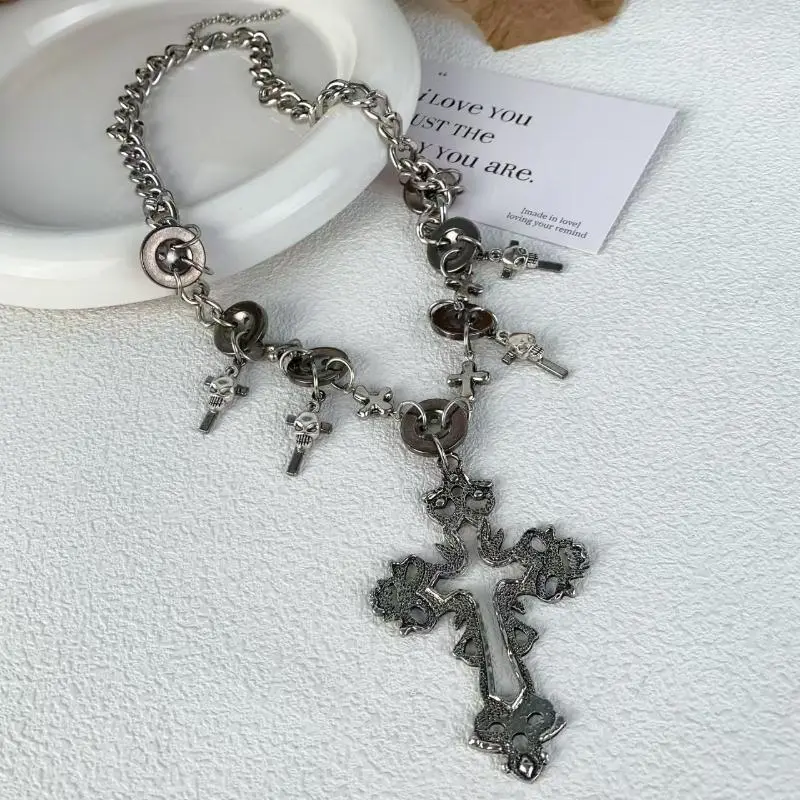 Multi-Layer Cross Beaded Necklace For Women Dark Punk Style Layered Clavicle Chain Y2K Accessories