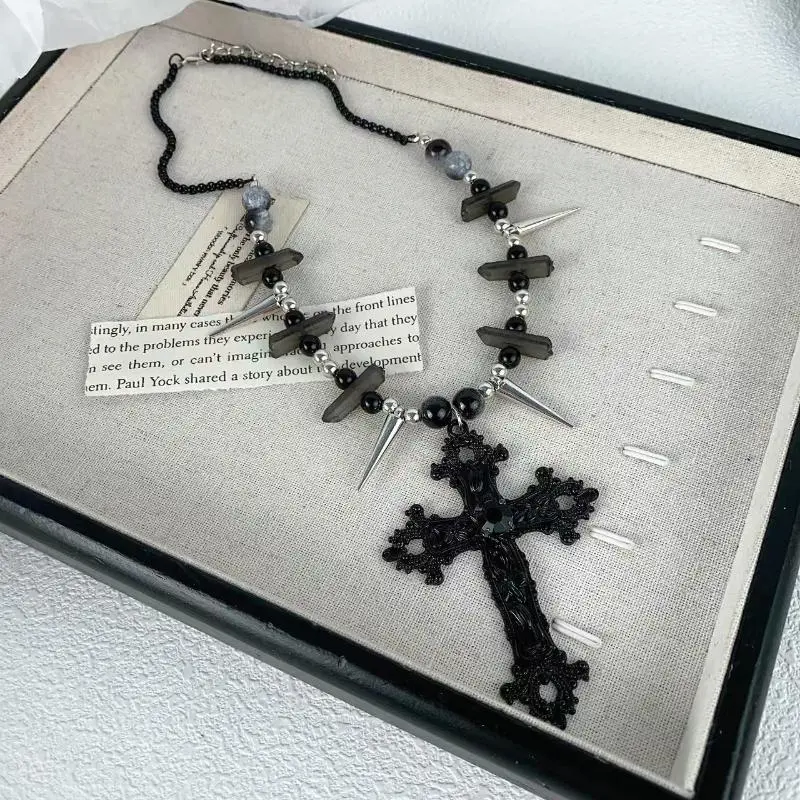 Multi-Layer Cross Beaded Necklace For Women Dark Punk Style Layered Clavicle Chain Y2K Accessories