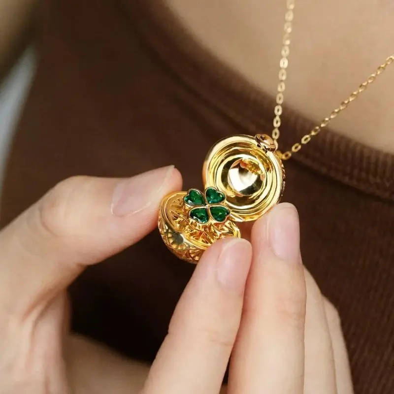 Retro Style Four-leaf Clover Heart-Shaped Frog Open And Close Circular Pendant Necklace Fashion Jewelry Accessories Gift