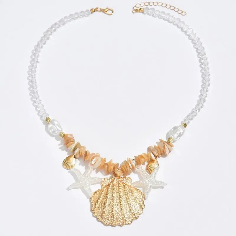 Summer Shell Starfish Conch Pendant Necklace For Women Transparent Crystal Bead Necklace Vacation Style Jewelry Accessory