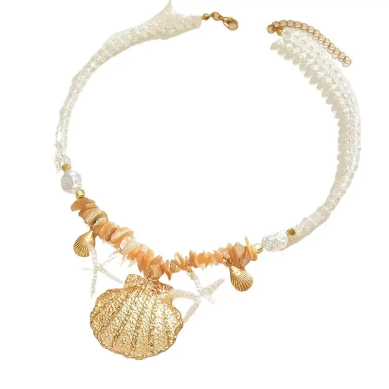 Summer Shell Starfish Conch Pendant Necklace For Women Transparent Crystal Bead Necklace Vacation Style Jewelry Accessory