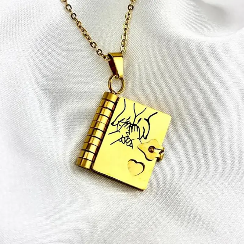 Openable Daughter Book Necklace Stainless Steel With Pages Of Engraved Information Message Mini Book Pendant Necklace Gold Color
