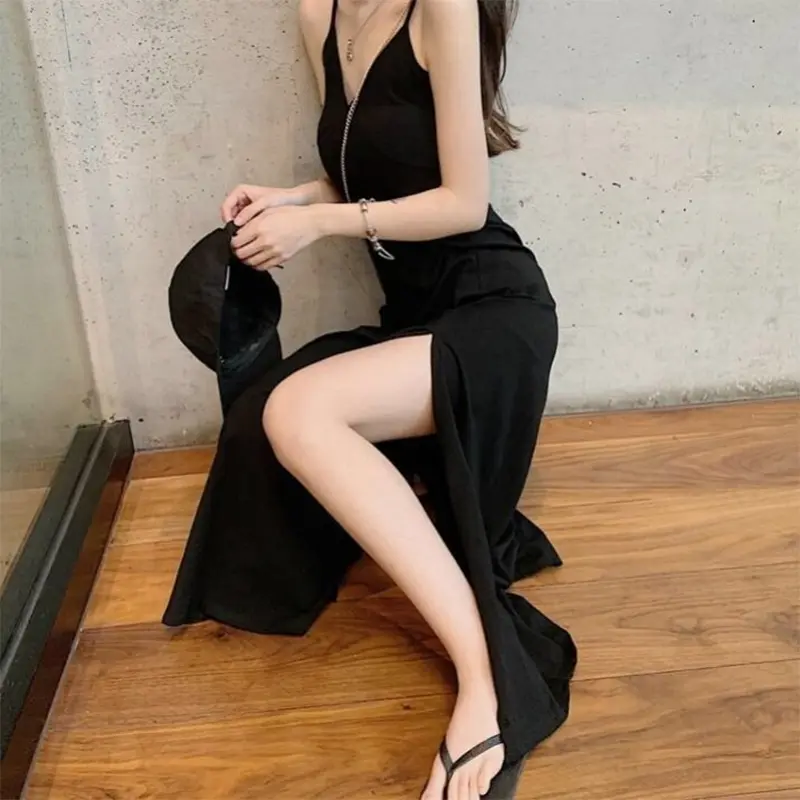 Korean Women's Split V-Neck Camisole Dress Solid Color Long Backless Dress