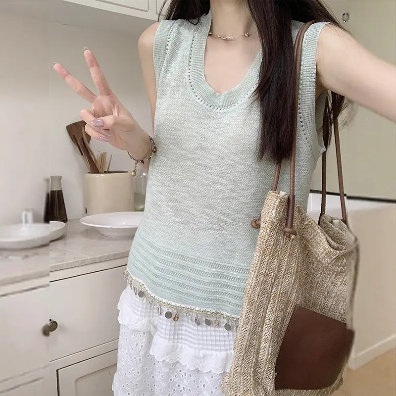 Summer Bohemia Shell Tassel Hollow Sleeveless Loose Casual Knitted Vest For Women