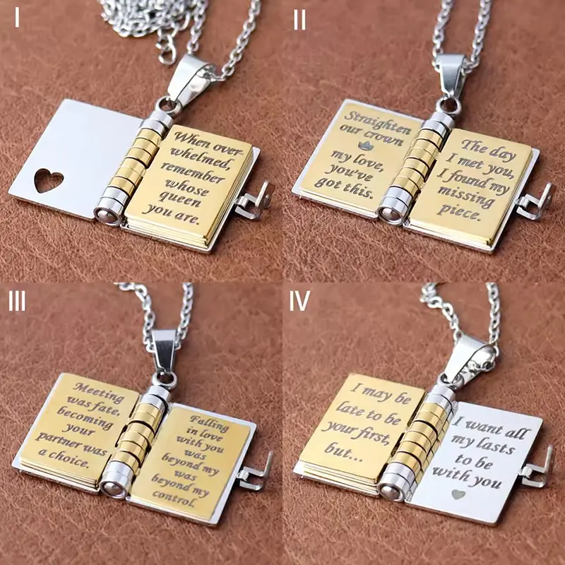 Openable Daughter Book Necklace Stainless Steel With Pages Of Engraved Information Message Mini Book Pendant Necklace Gold Color