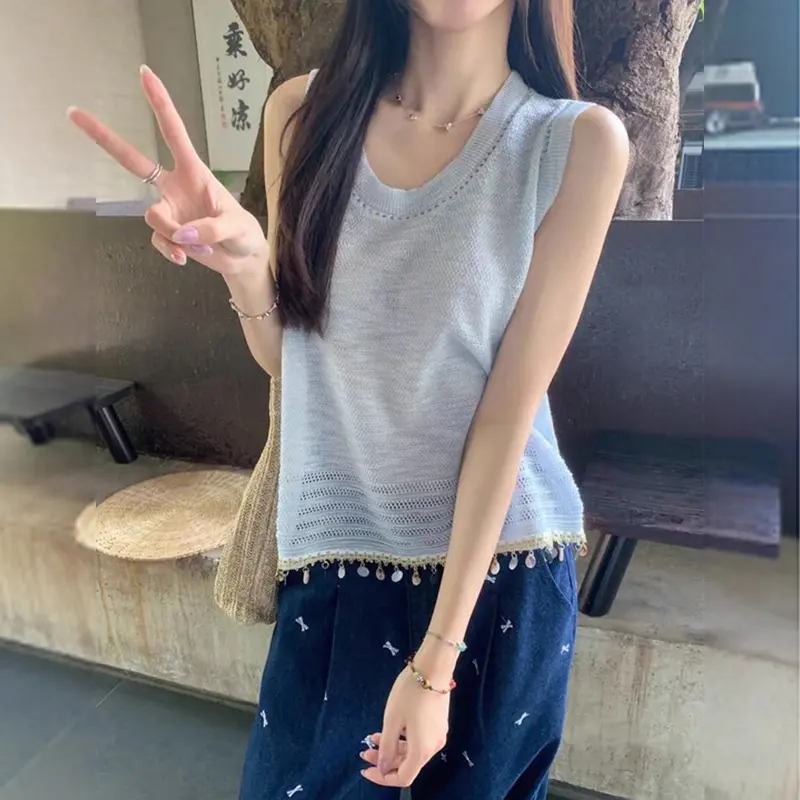 Summer Bohemia Shell Tassel Hollow Sleeveless Loose Casual Knitted Vest For Women