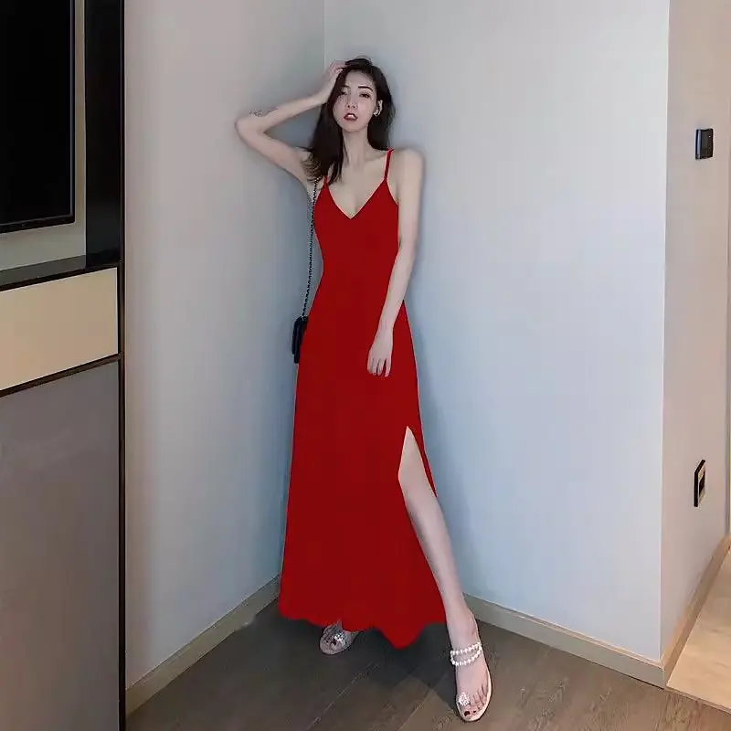 Korean Women's Split V-Neck Camisole Dress Solid Color Long Backless Dress